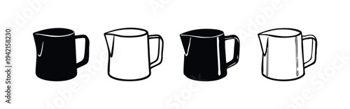 Milk Pitcher or Creamer Vector Icon Set, Barista Milk Jug Silhouette Icons, Coffee Shop Utensil Symbols