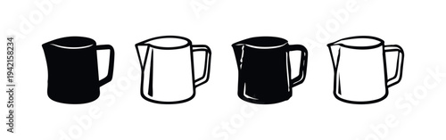 Coffee Pitcher and Milk Frothing Jug Vector Icon Set. Barista Equipment Doodles in Silhouette and Outline Styles.