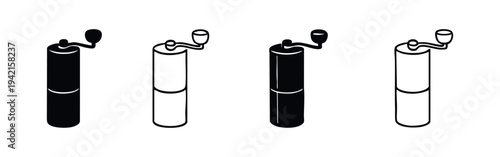 Manual Coffee Grinder Vector Icon Set. Hand Mill Illustrations in Silhouette and Outline Styles for Coffee Preparation.