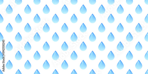 Blue water drops seamless pattern on white background. 3D rain droplets texture.