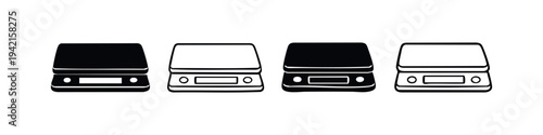 Kitchen digital scales icons set in black and white hand drawn style, isolated on white background.