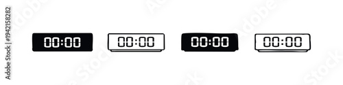 Digital clock or timer icons set in black and white hand drawn style showing 00:00, isolated on white background.