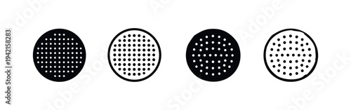 Coffee Filter Screen Vector Icon Set. AeroPress Filter Illustrations in Silhouette and Outline Styles.