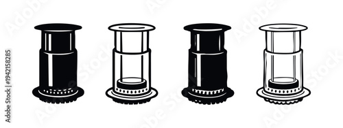 AeroPress Coffee Maker Vector Icon Set. Portable Brewing Device Illustrations in Silhouette and Outline Styles.