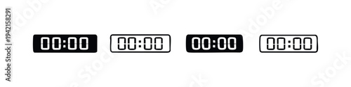 Digital clock or timer icons set in black and white hand drawn style showing 00:00, isolated on white background.