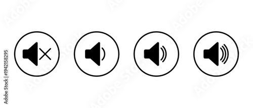 Speaker volume icon set in circular outline. Mute sound to high symbol. Audio level sign