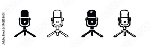 Studio Microphone Icons with Tripod Stand - Recording Equipment Silhouettes and Outline Illustrations