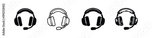 Gaming Headset Icons with Microphone - Audio Equipment Silhouettes and Outline Illustrations