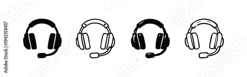 Communication Headset Icons - Modern Audio Device Silhouettes and Outline Illustrations