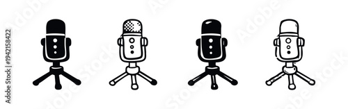 Podcast Microphone Icons with Stand - Audio Recording Silhouettes and Outline Illustrations