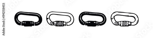 Hand drawn carabiner and snap hook icon set, perfect for climbing, hiking, and outdoor gear.