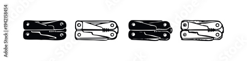 Hand drawn multitool icon set for camping, survival, and outdoor activities.