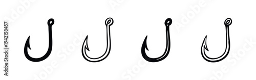 Hand drawn fishing hook icon set for angling, sport fishing, and outdoor pursuits.