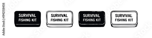 Hand drawn survival fishing kit box icons in solid and outline styles for outdoor readiness.