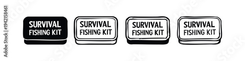 Hand drawn survival fishing kit box icon set for emergency preparedness and outdoor adventures.