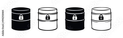Hand drawn barrels with padlock icon set, symbolizing secure storage and protected assets.