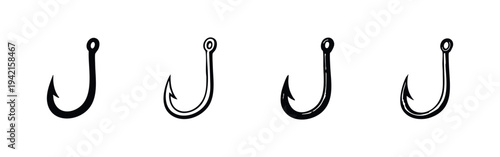 Hand drawn fishing hook icon set, perfect for anglers, fishing enthusiasts, and outdoor designs.