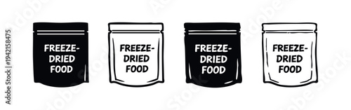 Hand drawn freeze-dried food pouch icons in solid and outline styles for outdoor readiness.