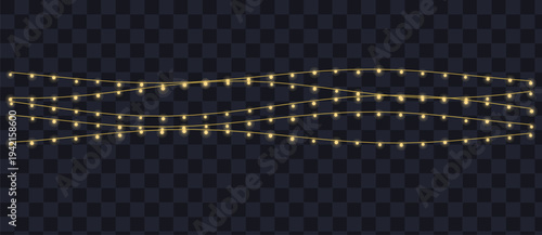Three strings of glowing yellow light bulbs illuminate a dark transparent checkered background with a festive feel