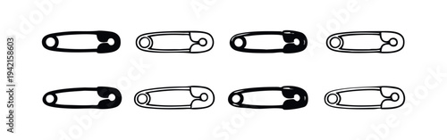 Safety pin set icon. Fastener for clothing, crafts and baby products. Isolated vector illustration.
