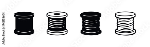 Rustic thread spool icon set. Hand-drawn sewing supplies vector art. Craft tool with textured style.