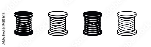 Thread spool icon set. Sewing supplies vector illustration in solid and outline styles. Craft tool for textile projects.