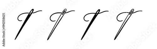 Sewing needle and thread icon set. Needlework tool vector illustration in solid and outline styles for crafts.