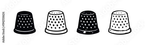 Thimble icon set. Sewing tool vector illustration in solid and outline styles. Hand sewing accessory for needlework.