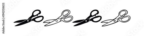 Sewing scissors icon set. Tailor's shears vector illustration in solid and outline styles. Craft cutting tool.