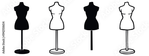 Dress form mannequin icon set. Fashion design tool vector illustration in solid and outline styles for clothing display.