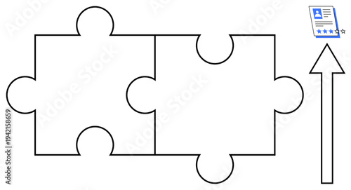 Two connecting puzzle pieces with an upward arrow and a document suggest progress, collaboration, and achievement. Ideal for teamwork, problem-solving, integration, development, success, progress