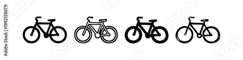 Diverse bicycle icons collection. Stylized bike illustrations set representing sport and urban cycling symbols.