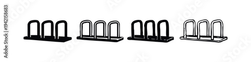 Three-bike rack icons set. Compact bicycle parking stand illustrations for urban mobility and public spaces.