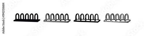 Bicycle rack icons set with five arches. Bike parking stand illustrations for urban cycling infrastructure.