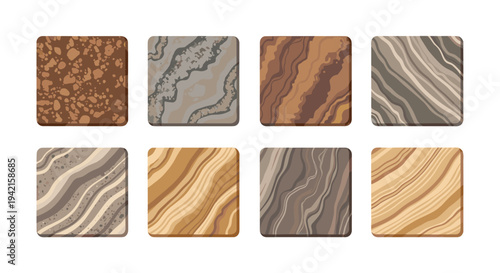 Eight square samples of diverse natural stone and wood grain textures, each with rounded corners, are neatly arranged in two rows on a white background, displaying wavy patterns.
