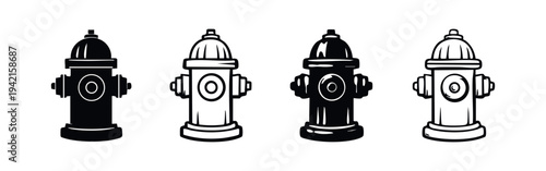 Fire hydrant icons set. Collection of various style fireplug illustrations for emergency and public safety.