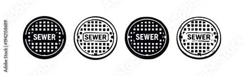Sewer manhole cover icons set with text. Street utility lid illustrations for urban drainage systems.