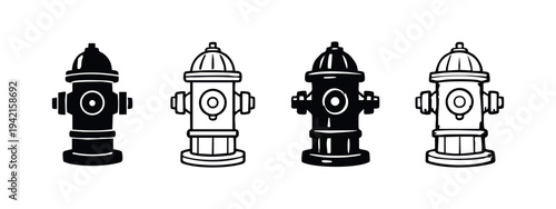 Detailed fire hydrant icons set. Various fireplug illustrations for urban water supply and emergency services.