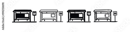 Bus stop icons set. Public transport shelter illustrations for urban travel and city infrastructure.
