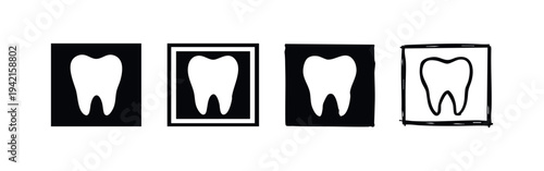 Tooth vector icons in square frames. Dental care, oral hygiene and dentistry symbols collection.