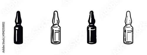Ampoule vector icons set. Medical ampules with vaccine or serum, vial for injection and healthcare treatment.