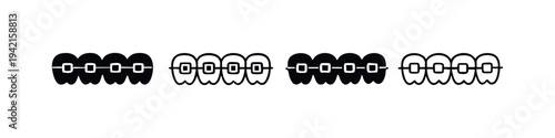Upper dental braces vector icons. Orthodontic treatment, teeth alignment, and dental care symbols.
