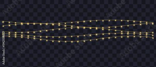 Three strings of glowing yellow light bulbs illuminate a dark transparent checkered background with a festive feel