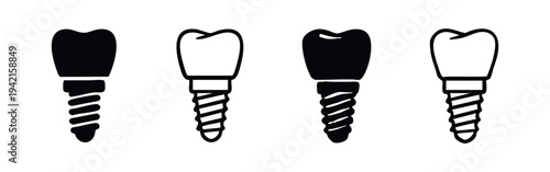 Dental Implant Icon Set: Solid and Outline Tooth Replacement Symbols
