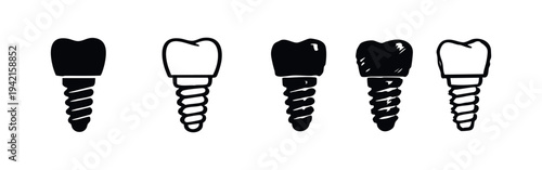Detailed Dental Implant Icon Collection: Solid and Outline Prosthesis Variations