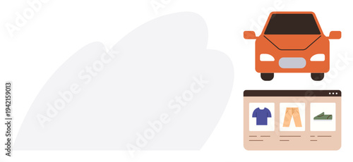E-commerce, online shopping, transportation, digital retail, delivery service, mobility solutions. Minimalistic design showing a car and a website interface with clothing items. E-commerce