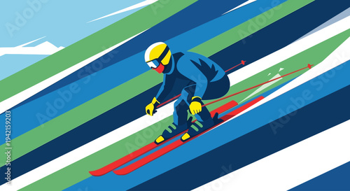 Dynamic illustration of a skier descending a vibrant slope.