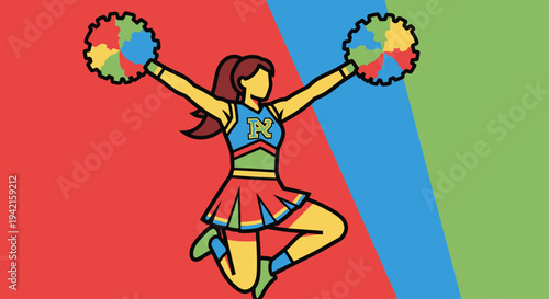 Energetic Cheerleader Performing a Dynamic Jump with Pom-Poms.