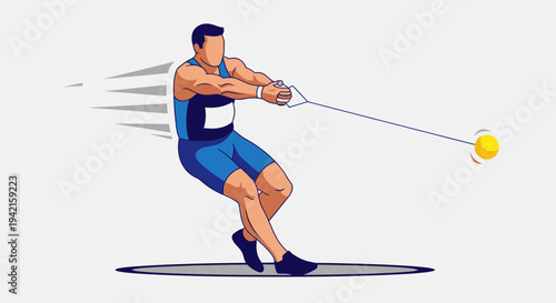 Male athlete in blue uniform performing hammer throw in track and field event.