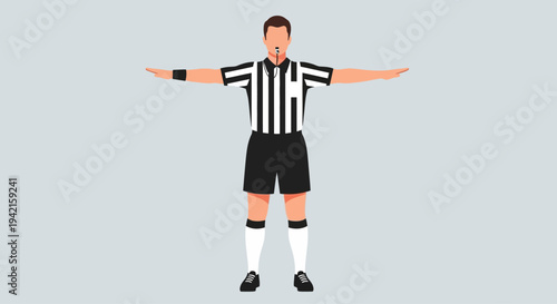 Referee in black and white striped uniform with arms outstretched.